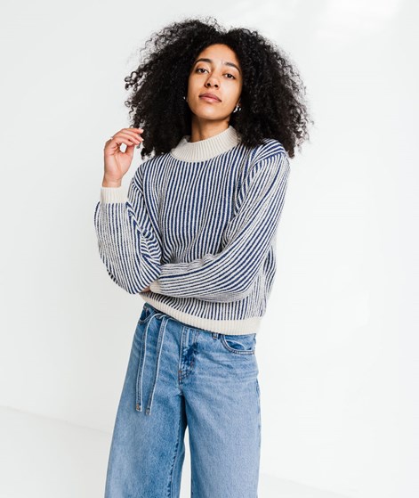 KAUF DICH GLÜCKLICH Strickpullover Weiß und Dunkelblau gemustert