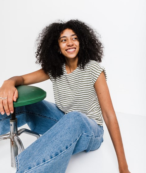 KAUF DICH GLÜCKLICH T-Shirt Creme und Olivgrün gestreift